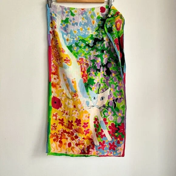 Colorful Floral & Cat Print Silk Scarf - Multicolor - Picture 2 of 6